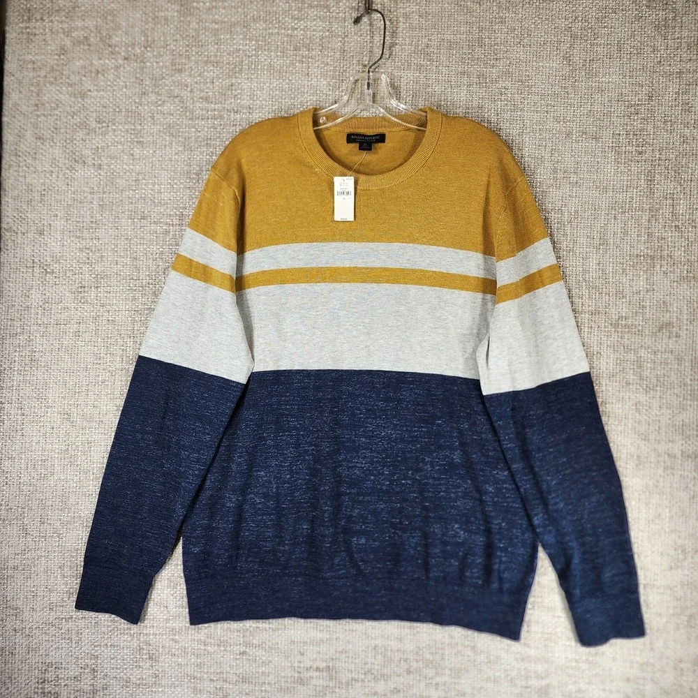 Banana Republic Bold Stripe Sweater Mens XL Gold Gray Navy Organic Cotton NWT
